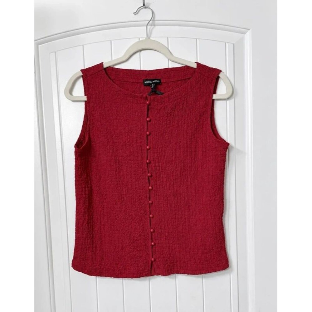 Modern Works Raspberry Red Crinkle Button Front Sleeveless Top Size S
